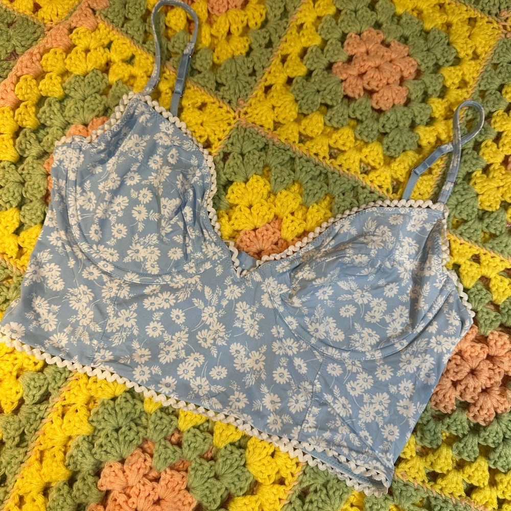 Free People Blue Floral Lace Trim Bra